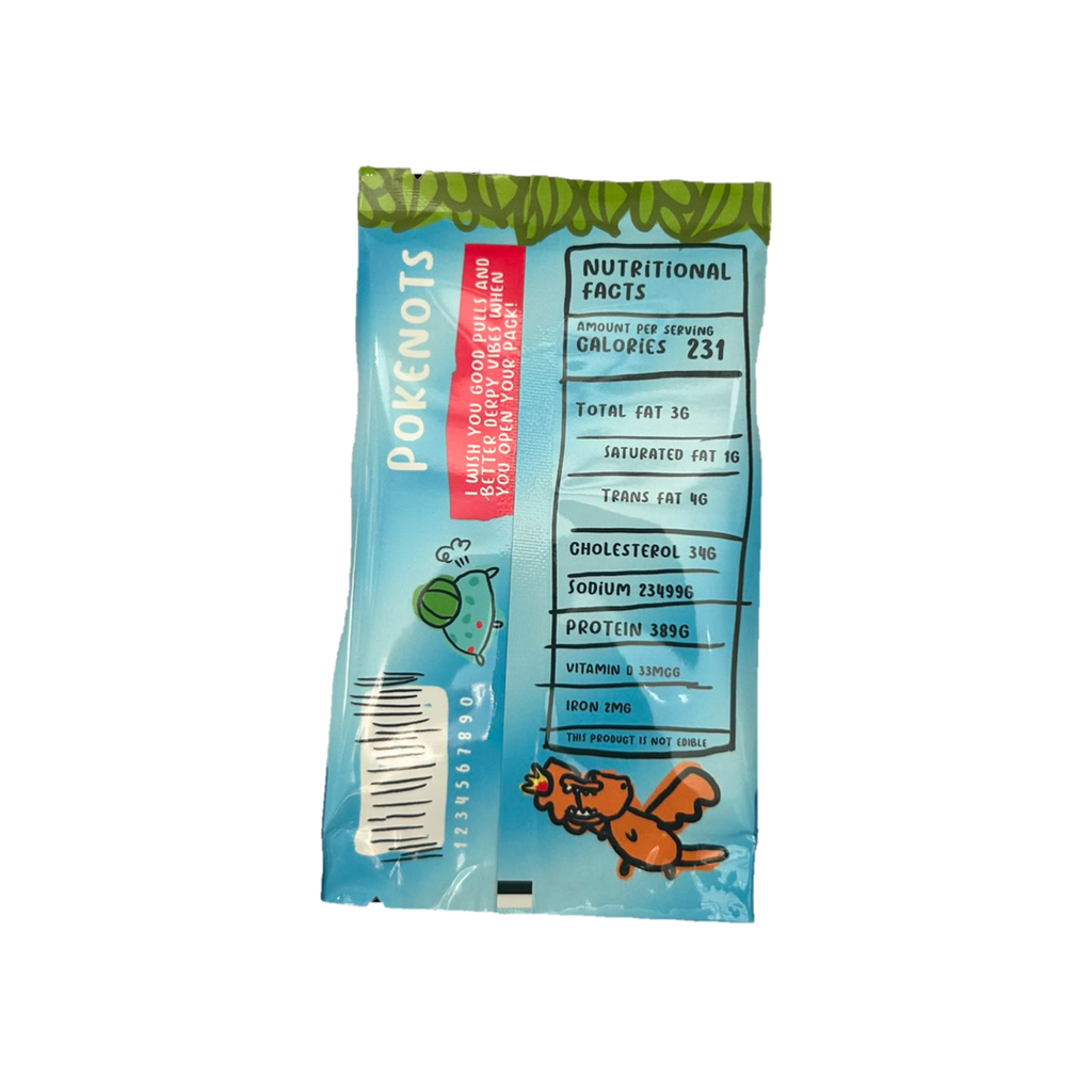 Pokenots 151 booster pack - back with joke nutritional facts