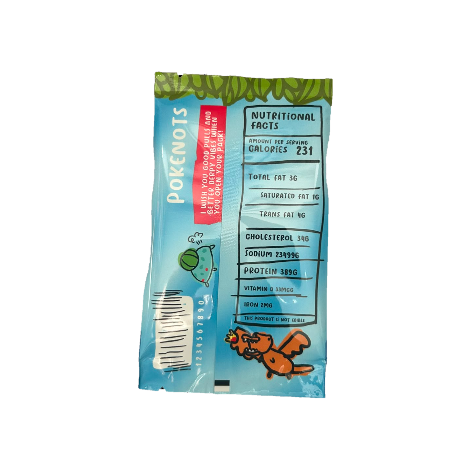 Pokenots 151 booster pack - back with joke nutritional facts